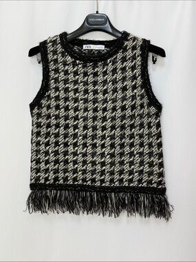 Zara Girls Black & White Houndstooth Fringe Knit Tank